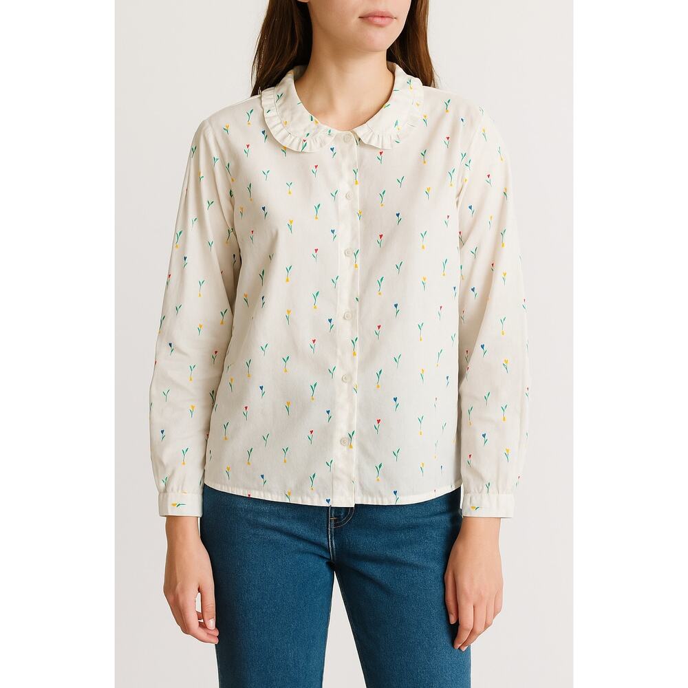 Vintage Jumpers Floral Print Cotton Blouse with Ruffle Collar romantic Sz Large